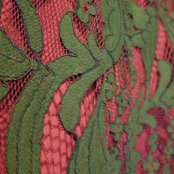 Red dress with army green lace overlay - Picture 3 of 4